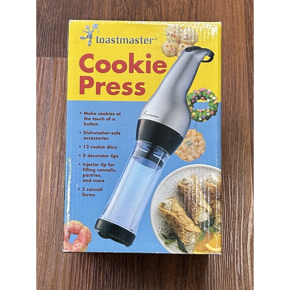 Toastmaster Cookie Press TMCKM2SB-12 Discs, 8 Tips, 2 Cannoli Forms 2005 Open Bx